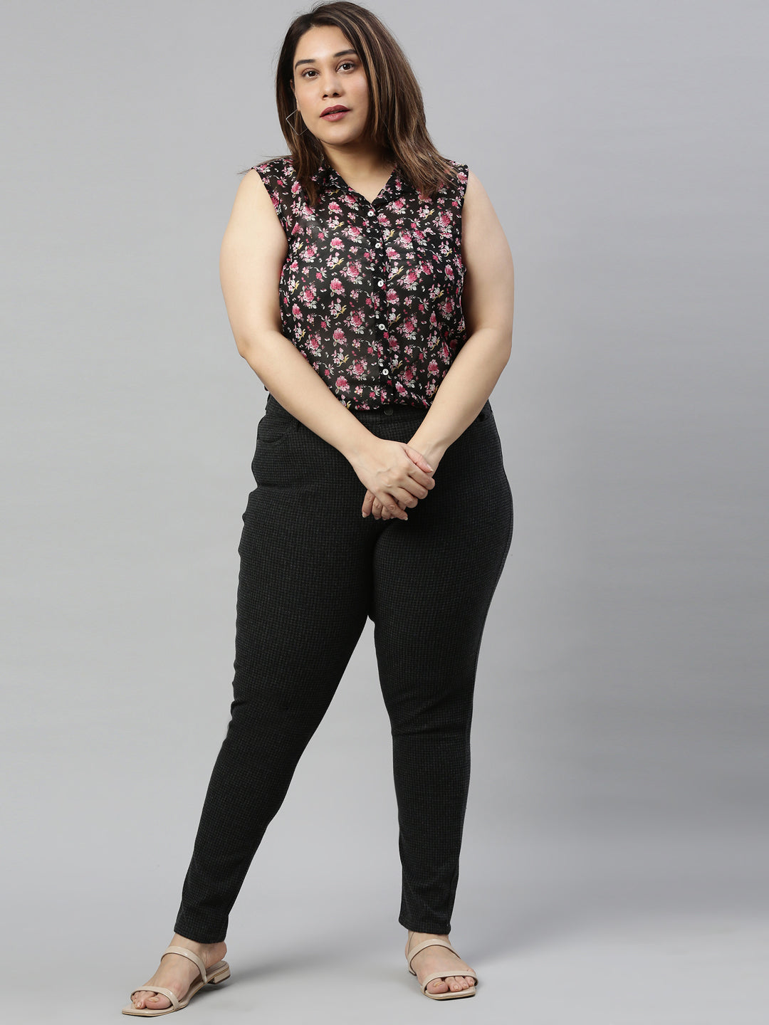 Black Cotton Poly Stretch Stripes Printed Jeggings
