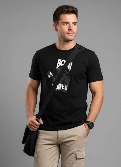 Men Printed Black Cotton Tshirt