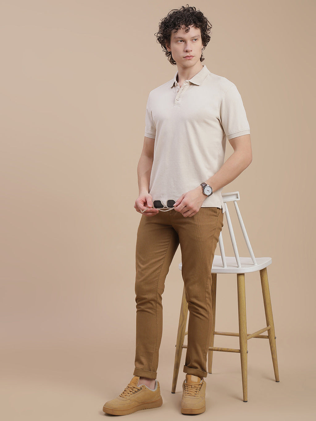 Men Beige Johnny Collar T-Shirt