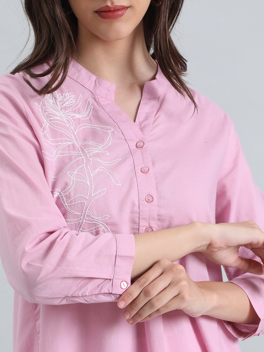 Cambric Cotton Thread Embroidered Mandarin Collar Longline Shirt