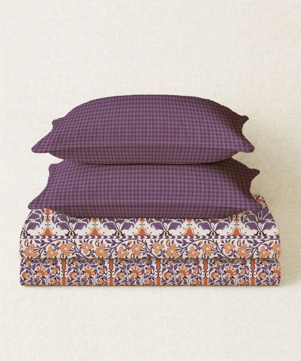 Home Essential Royal Bloom Queen Bedsheet Set, Rosario Purple| 144TC Cotton| 2 Pillow Covers