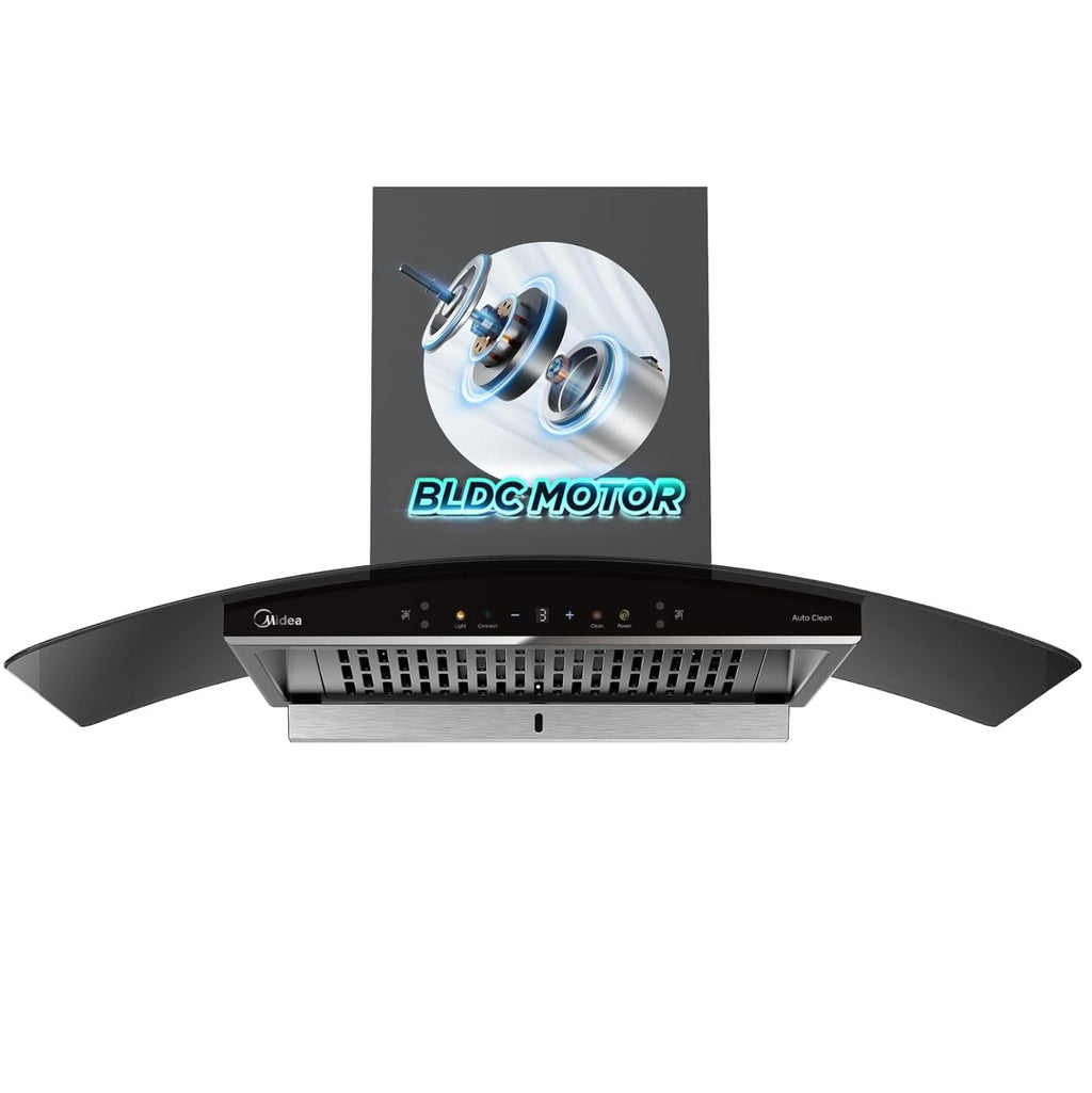 Midea 90 cm 1600 m3/hr BLDC, Filter-less, Wi-Fi enabled, intelli- Autoclean, 9 speed kitchen Chimney, Free Installation Kit (Megan Auto Clean), Black