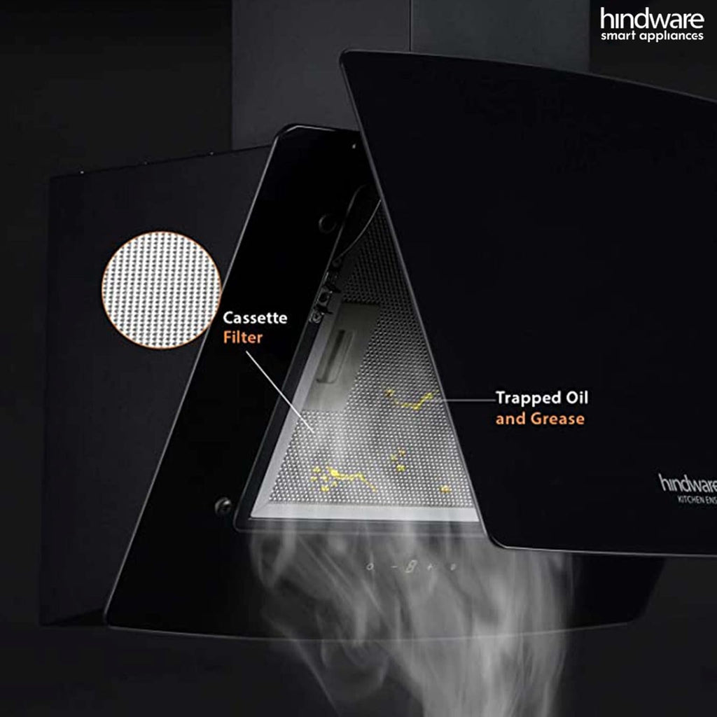 Hindware Kyra 60cm 1000 hr Low Noise Angular Designer Kitchen Chimney With Cassette Filter Touch Control Dual LED Lamps and Touch Control Black