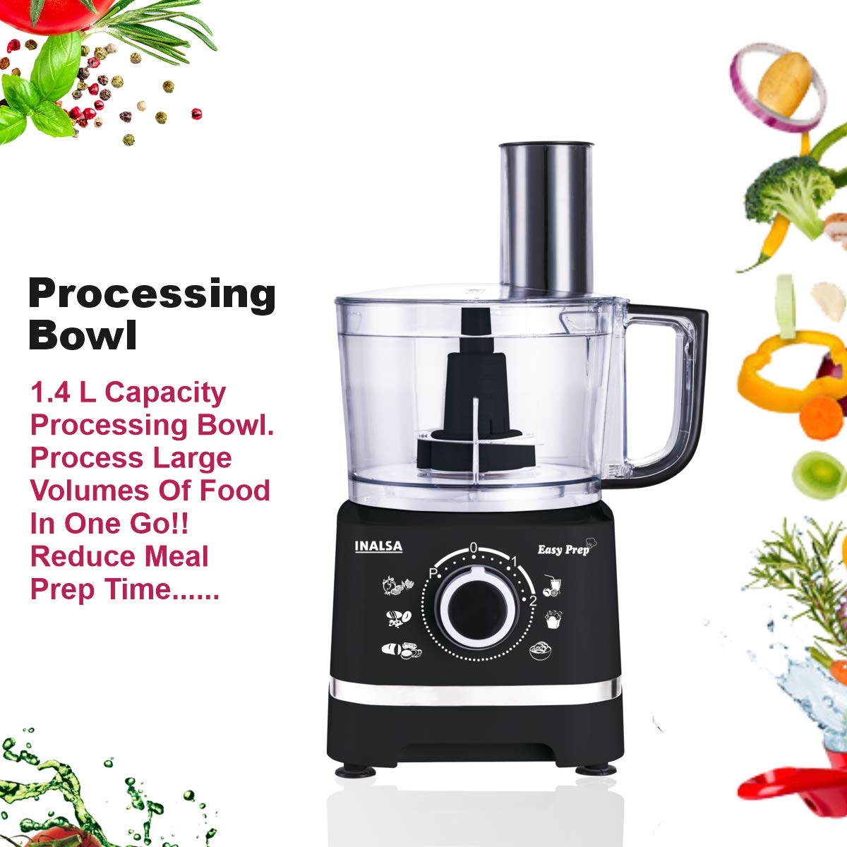 INALSA Food Processor with Atta Kneader 800 Watts|1.4L Processing Bowl 7 Accessories including Dough Maker Electric Chopper,French Fry Cutter, Slicer,Shredder,Meat Mincer Dough Maker Machine, Easy Prep