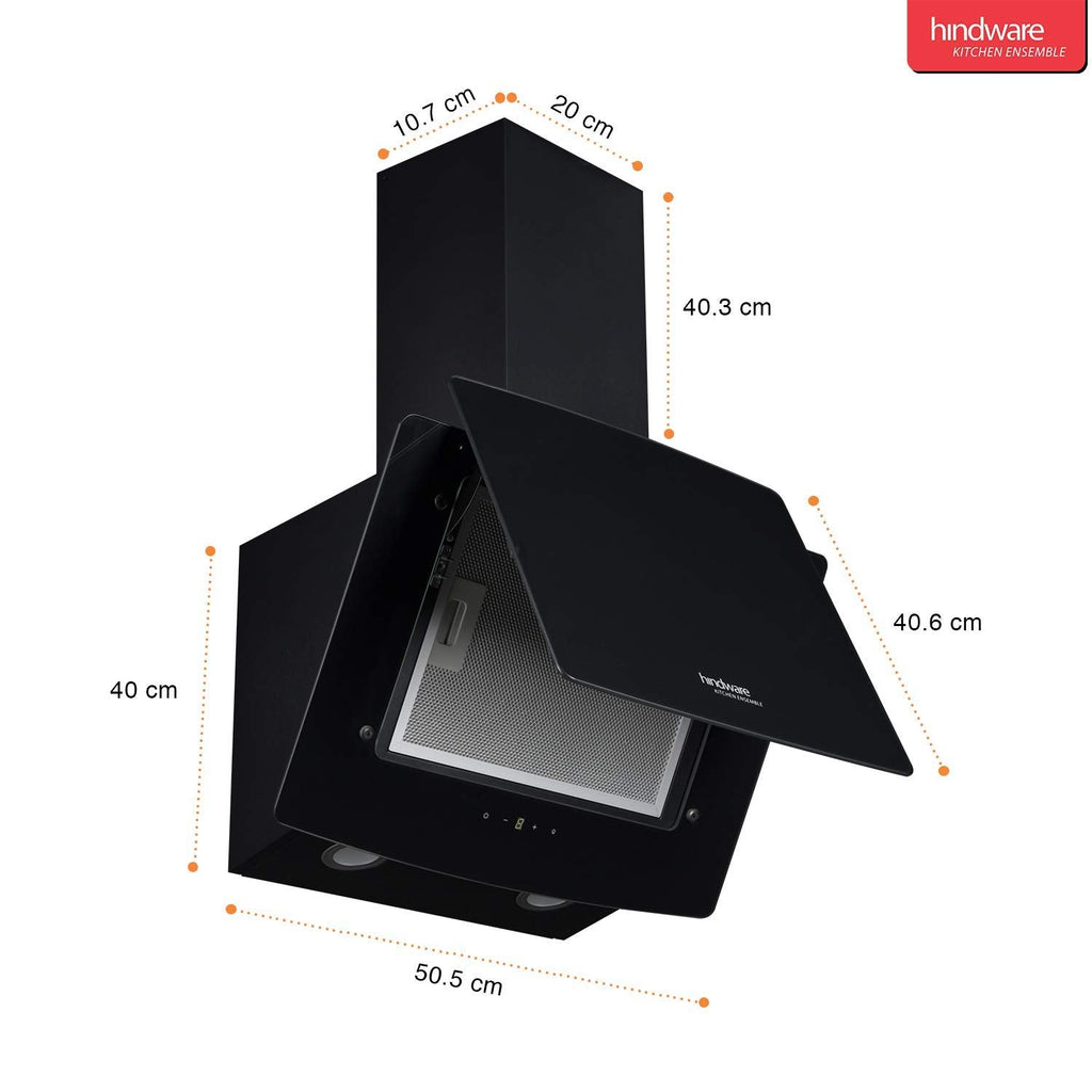 Hindware Kyra 60cm 1000 hr Low Noise Angular Designer Kitchen Chimney With Cassette Filter Touch Control Dual LED Lamps and Touch Control Black