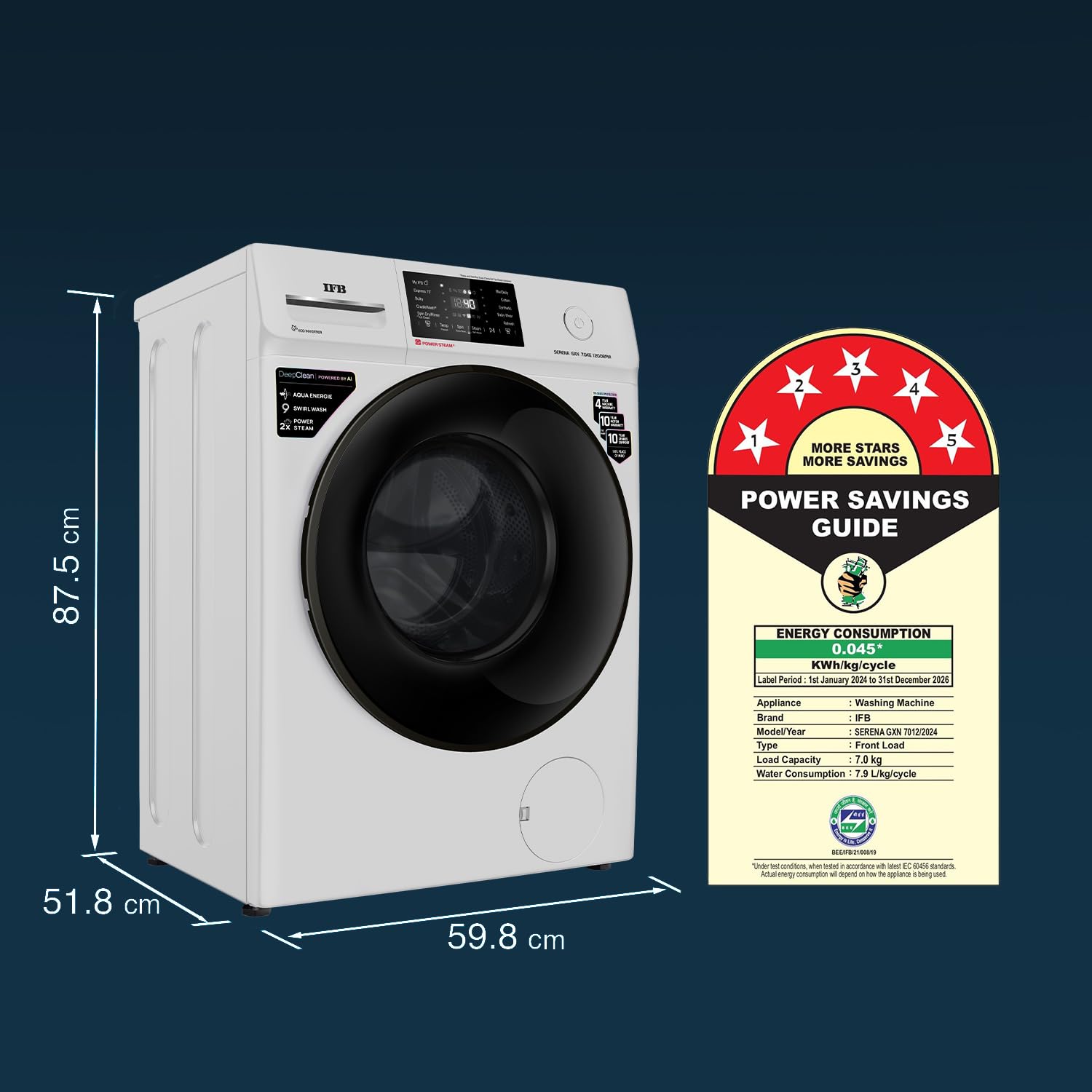 IFB 7 Kg 5 Star, DeepClean® Technology, AI Powered, WiFi, Fully Automatic Front Load Washing Machine (SERENA GXN 7012 CMS, PowerSteam®, 9 Swirl, Steam Refresh, Inbuilt Heater, Eco Inverter, Grey)