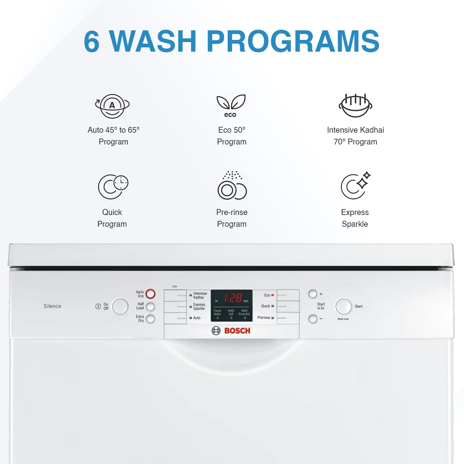 Bosch 13 Place Setting, EcoSilence Drive, Hygiene plus with Intensive Kadhai program, Adjustable Upper Rack Free Standing Dishwasher, World No.1 Brand in Dishwasher (SMS66GW01I, White, Inbuilt heater)