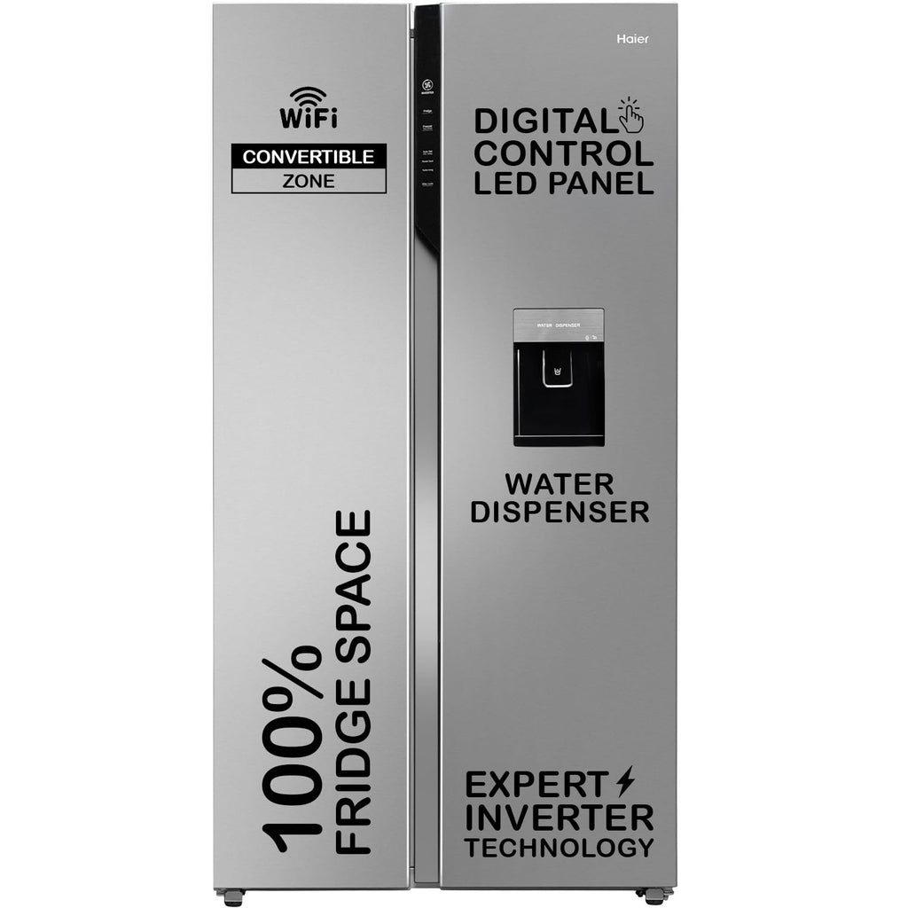Haier SmartChoice 596L 3Star 2-Door Water Dispenser Side by Side Frost Free Refrigerator(HRS-682SWDU1, Shiny Silver)
