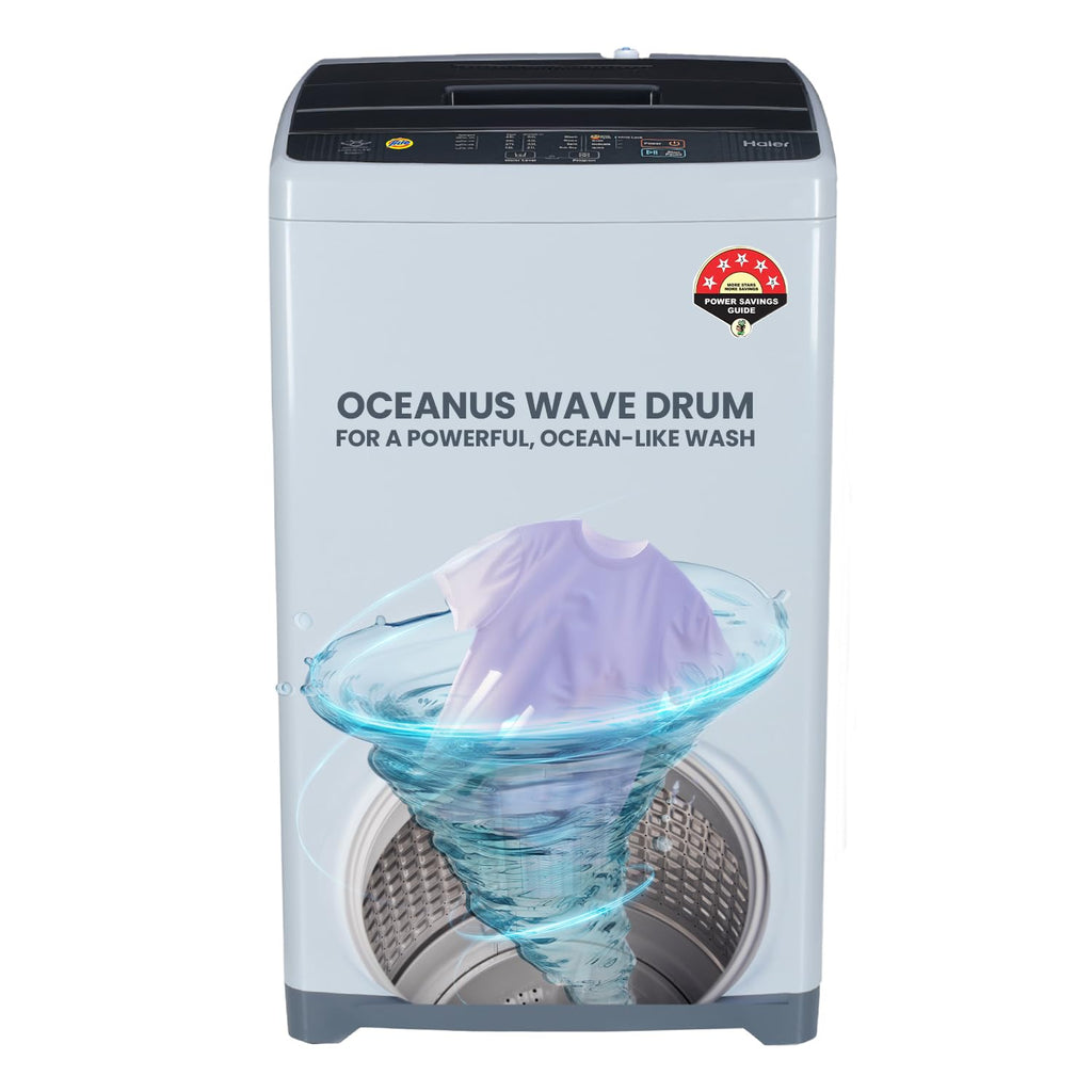 Haier 7 Kg 5 Star Fully Automatic Top Load Washing Machine with Oceanus Wave Drum, Magic Filter, 8 Wash Programs (HWM70-AE, Moonlight Silver, Stainless Steel Drum, 15 Mins Quick Wash)