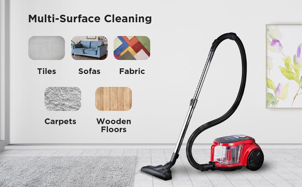 Midea 18C-1600W Bagless Vacuum Cleaner |3L Dust-Cup Capacity | 24Kpa Variable Powerful Suction | with HEPA Filter | Auto Rewind Cord, Red