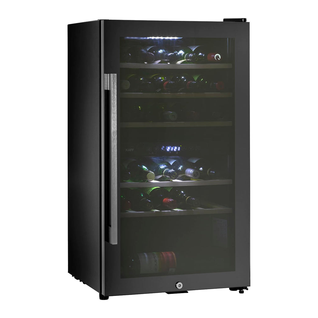 Kaff WC 76 DZ FreeStanding Wine Cooler Refrigerator Dual Zone 76 Litre 29 Bottles Approx. with UVProtection Inner Glass Child Lock  Wooden Shelves Wine Fridge for Red White Champagne Black