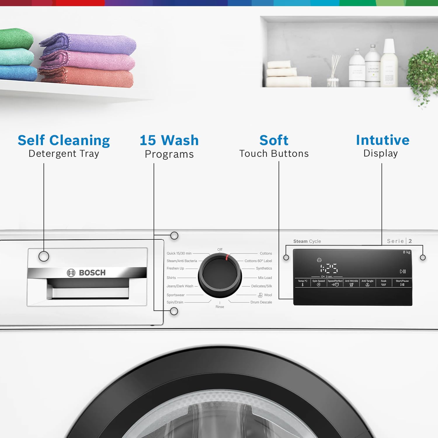 Bosch 8KG 5 Star Fully-Automatic Front Loading Washing Machine (WAJ28260IN,White,AI Active Water Plus,In-Built Heater)