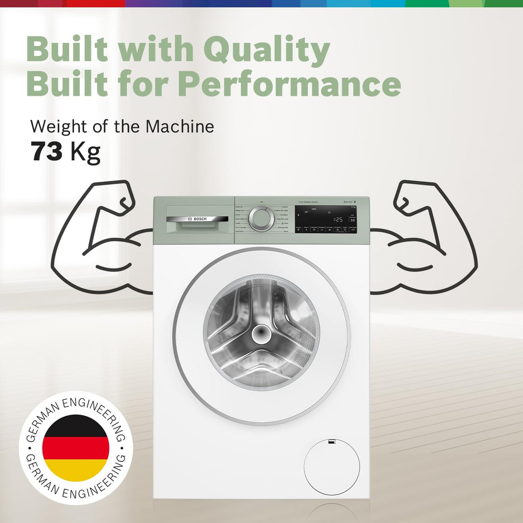 Bosch 10 kg, 5-Star, AI Active Water+, Anti Stain, Iron Steam Assist, Anti Tangle, Fully-Automatic Front Loading Washing Machine (WGA254ZJIN, Reload Function, In-Built Heater, Autumn Green)