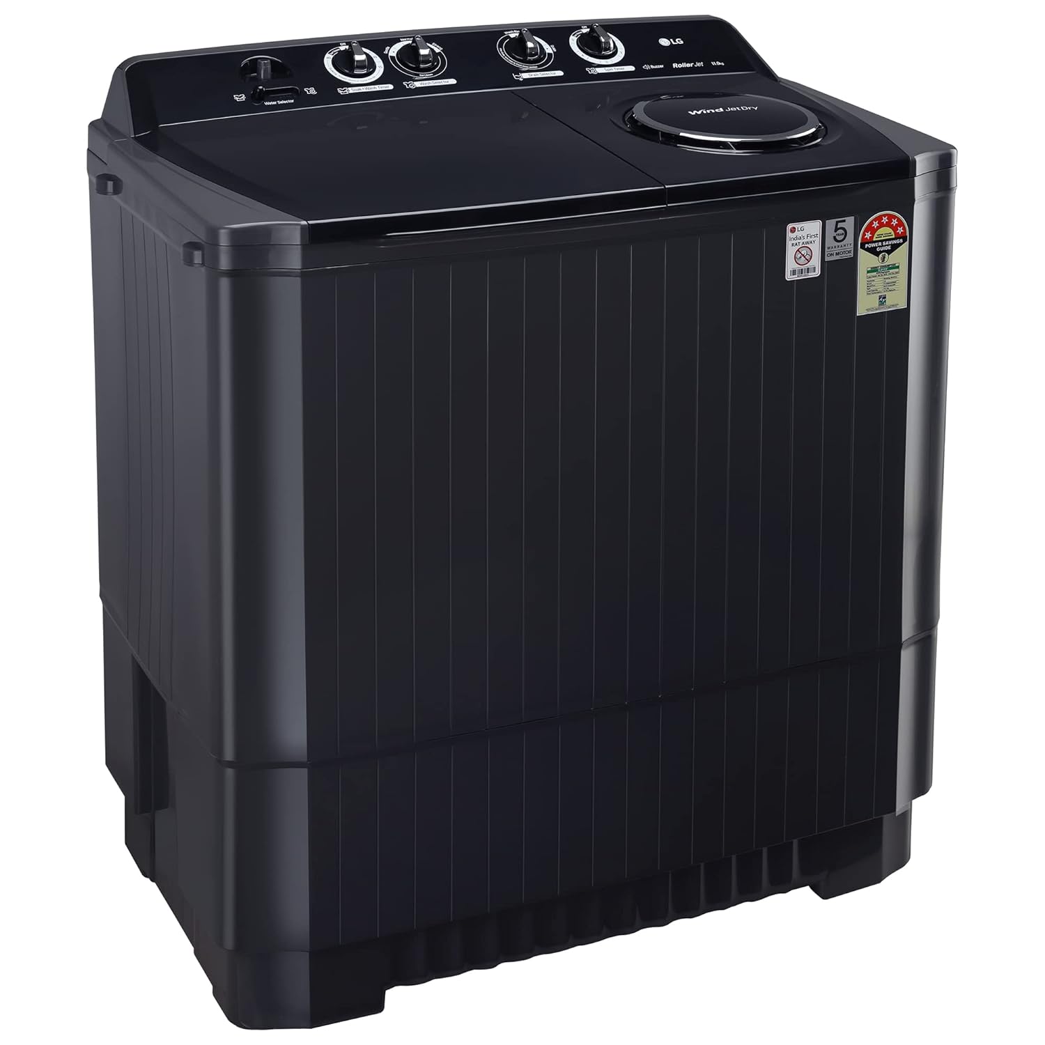 LG 11 Kg 5 Star Wind Jet Dry Rat Away Technology Semi-Automatic Top Loading Washing Machine (P1155SKAZ, Roller Jet Pulsator, Punch + 3, Middle Black)