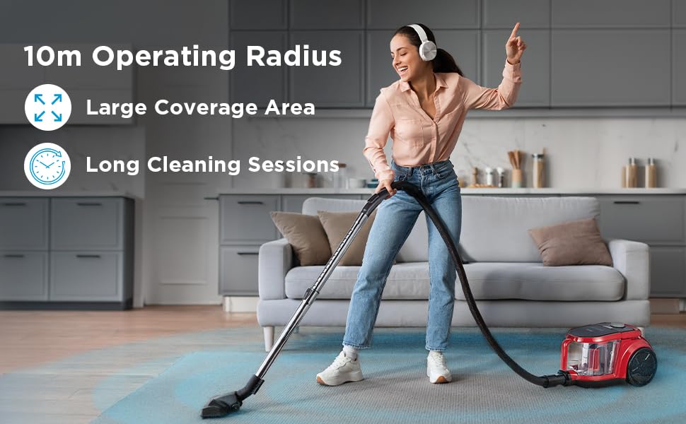 Midea 18C-1600W Bagless Vacuum Cleaner |3L Dust-Cup Capacity | 24Kpa Variable Powerful Suction | with HEPA Filter | Auto Rewind Cord, Red