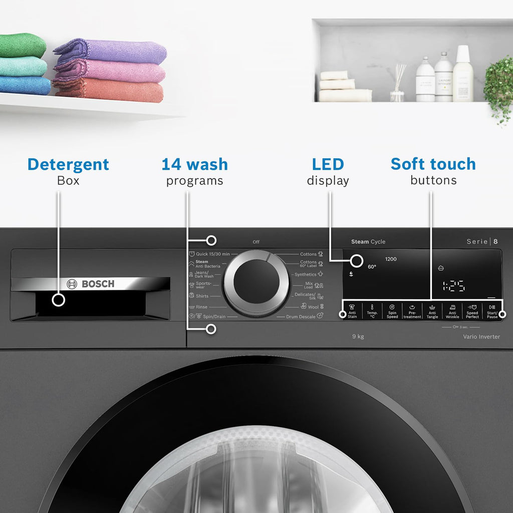 Bosch 9kg 5 Star Anti Stain & AI Active Water Plus Fully Automatic Front Load Washing Machine with Built in Heater (WGA1420TIN, Pretreatment & Steam with Anti Bacteria and 5 Star Inverter, Black Grey)