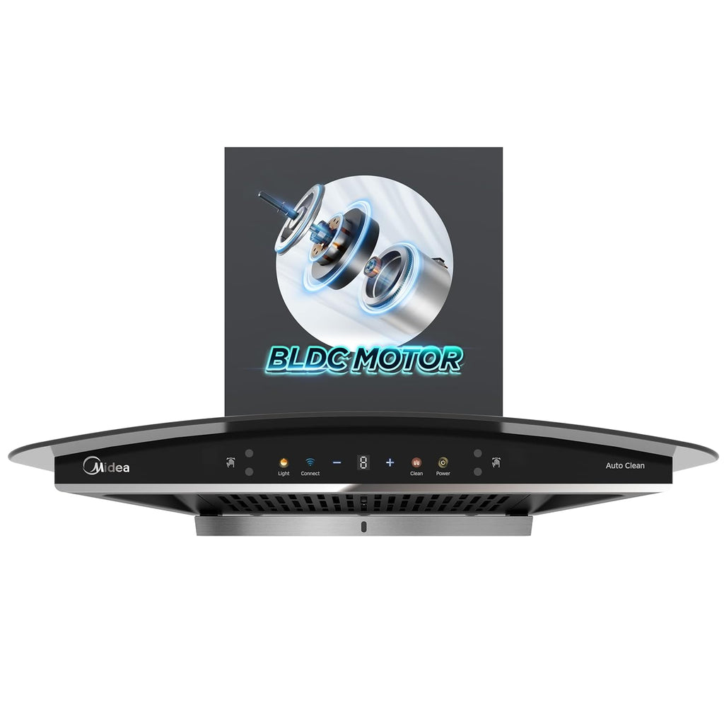 Midea 60 cm 1600 m3/hr BLDC, Filter-less, Wi-Fi enabled, intelli- Autoclean, 9 speed kitchen Chimney, Free Installation Kit (Megan Auto Clean), Black