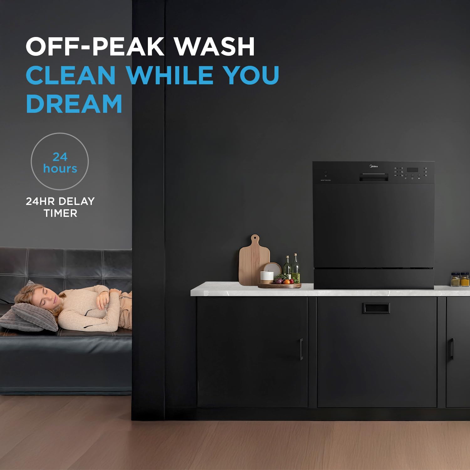 MIDEA 8 Place Setting Countertop Dishwasher (MDWTT0802D (B), Black, 6 wash programs, Portable, anti-bacterial filter & Intensive 70 degree wash for Ultra Hygiene, 24 Hour Delay Timer)