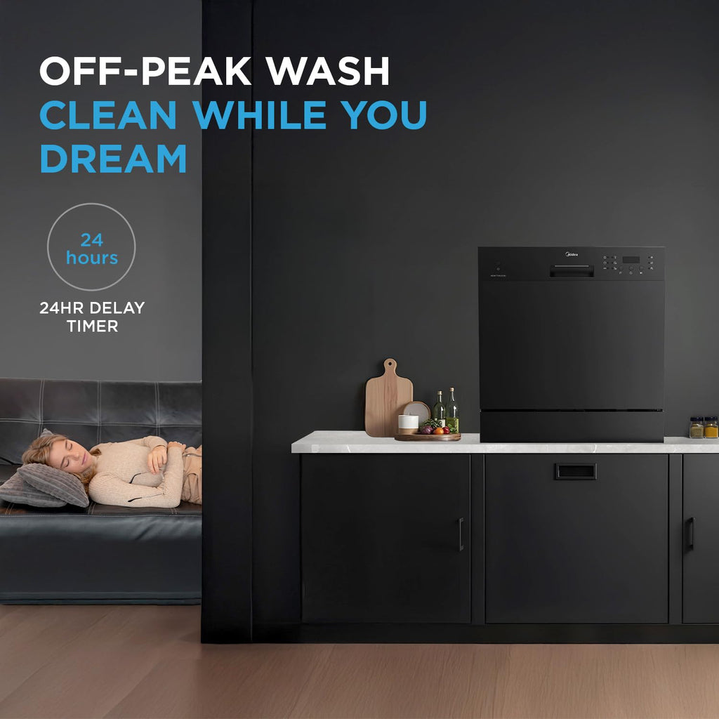 MIDEA 8 Place Setting Countertop Dishwasher (MDWTT0802D(B) IN, Black, 6 wash programs, Portable, anti-bacterial filter & Intensive 70 degree wash for Ultra Hygiene, 24 Hour Delay Timer)