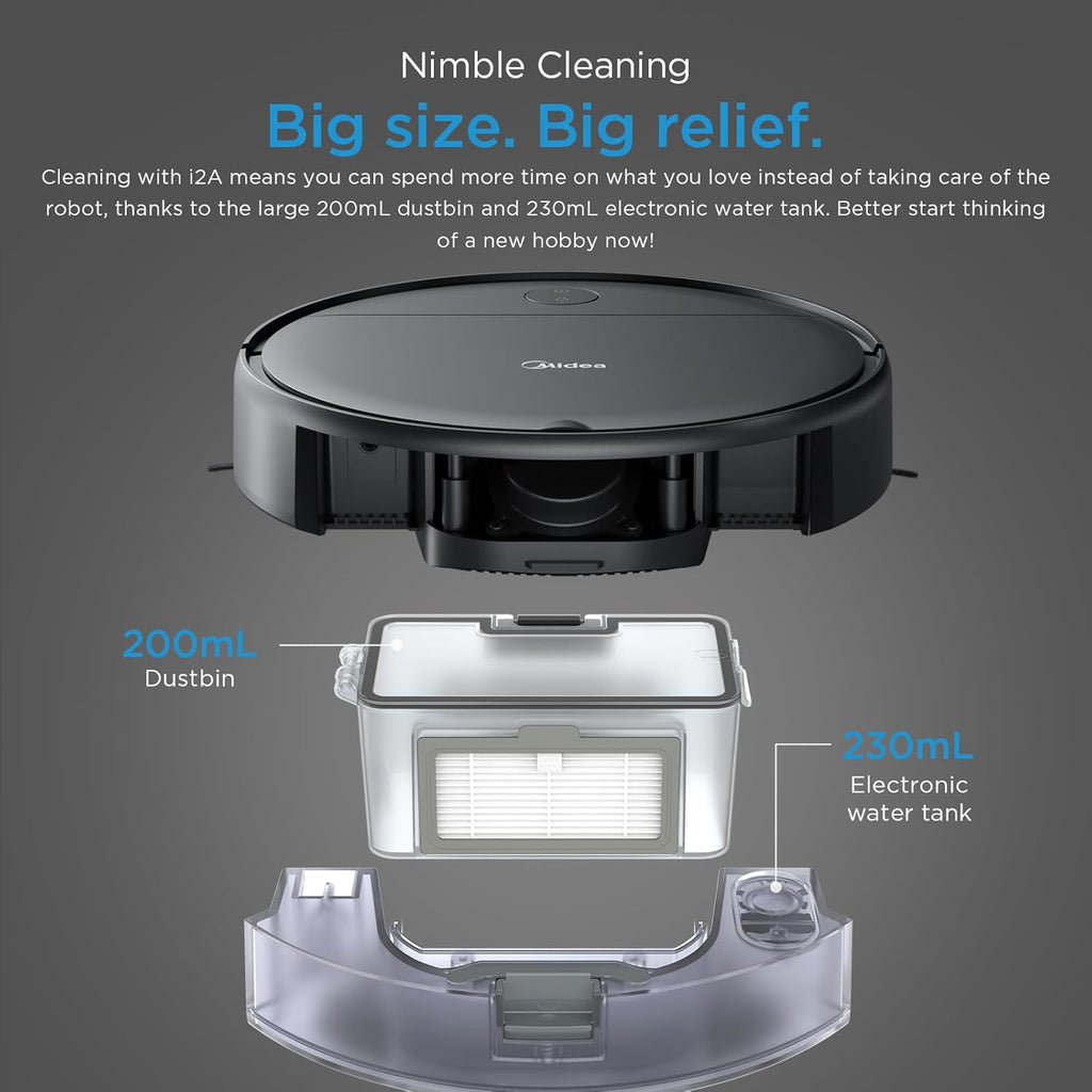 Midea I2A Robotic Vacuum Cleaner with Remote |Wet & Dry |BLDC Motor | 1200Pa Strong Suction | Anti Fall Function | Anti-Collision & Auto Return Charge Function, 110 Minutes, Black