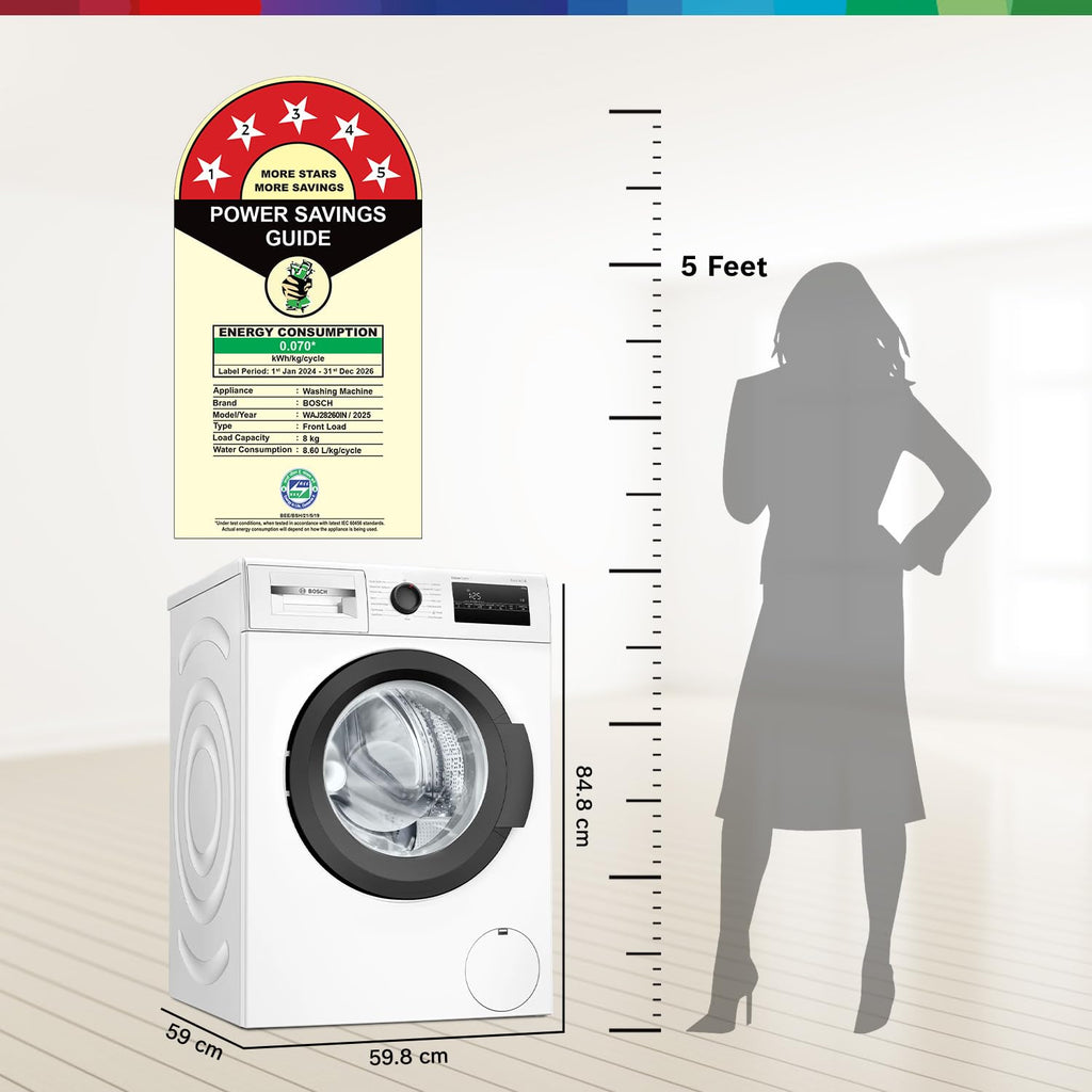 Bosch 8KG 5 Star Fully-Automatic Front Loading Washing Machine (WAJ28260IN,White,AI Active Water Plus,In-Built Heater)
