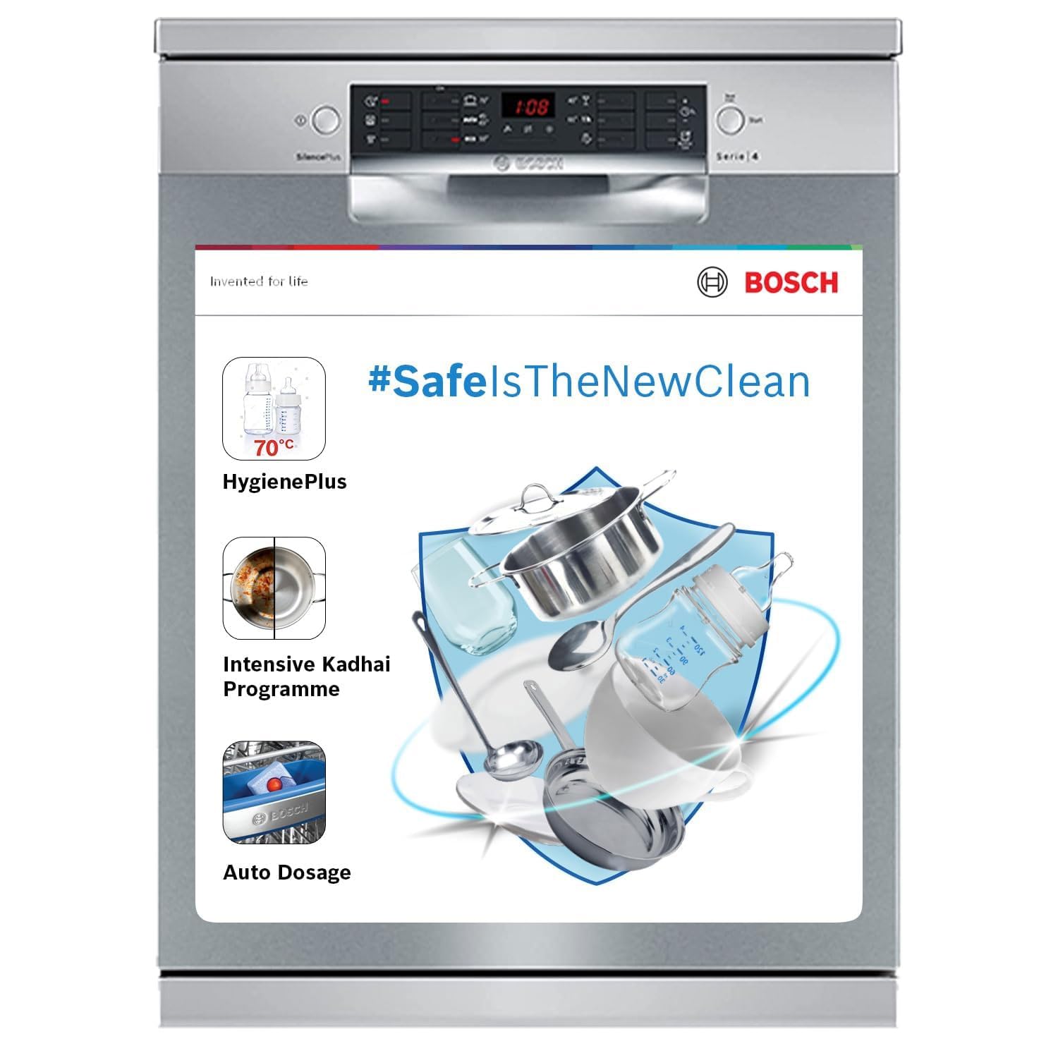 Bosch 14 Place Setting Dishwasher with Intensive Kadhai Program, 70? Hot water wash, 3-Stage Adjustable Upper Rack, No Pre-Rinse (SMS46KI03I, Silver, Glass Protection Technology)