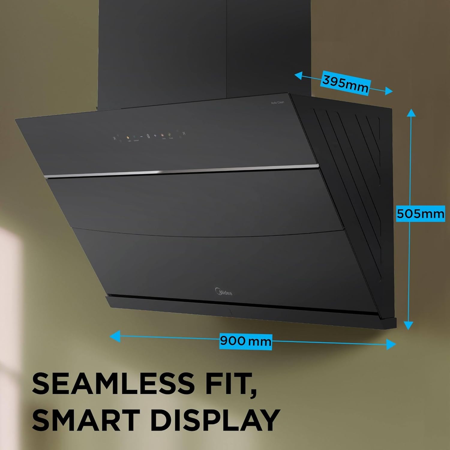 Midea 90 cm 1800 m3/hr BLDC, Filter-less, Wi-Fi enabled, intelli- Autoclean, 9 speed kitchen Chimney with 3 Yrs Product and 12 Yrs Motor Warranty, Free Installation Kit (Magnus Auto Clean), Black