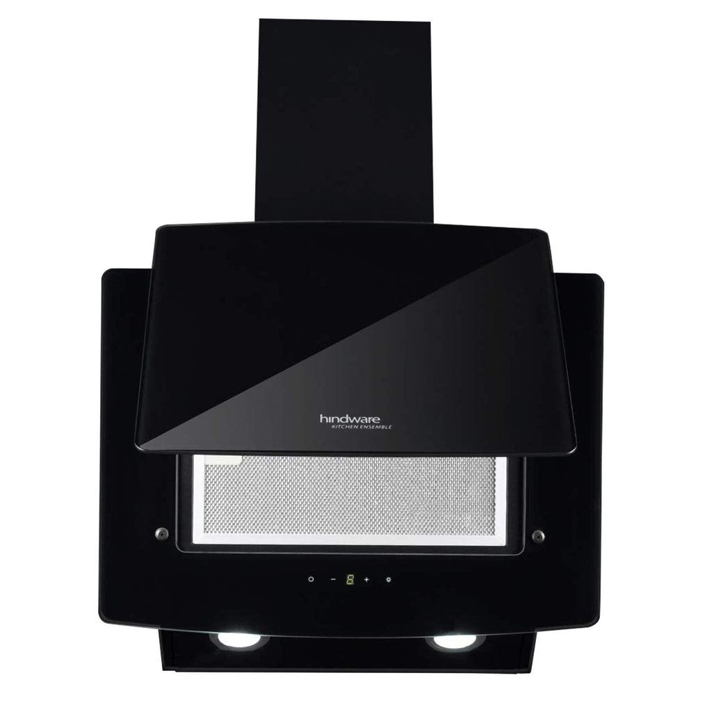 Hindware Kyra 60cm 1000 hr Low Noise Angular Designer Kitchen Chimney With Cassette Filter Touch Control Dual LED Lamps and Touch Control Black