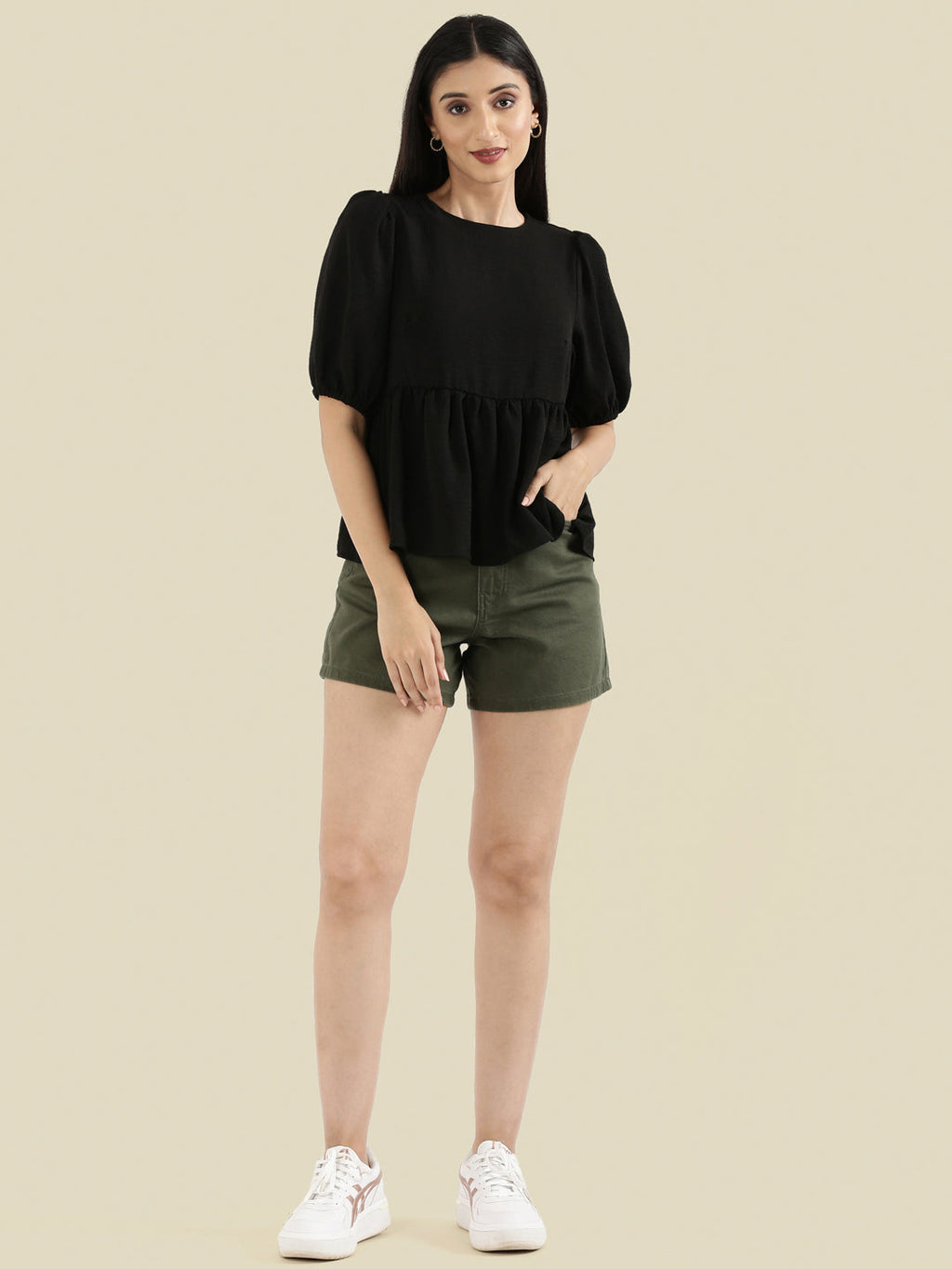 Hammered Crew Neck Peplum Top