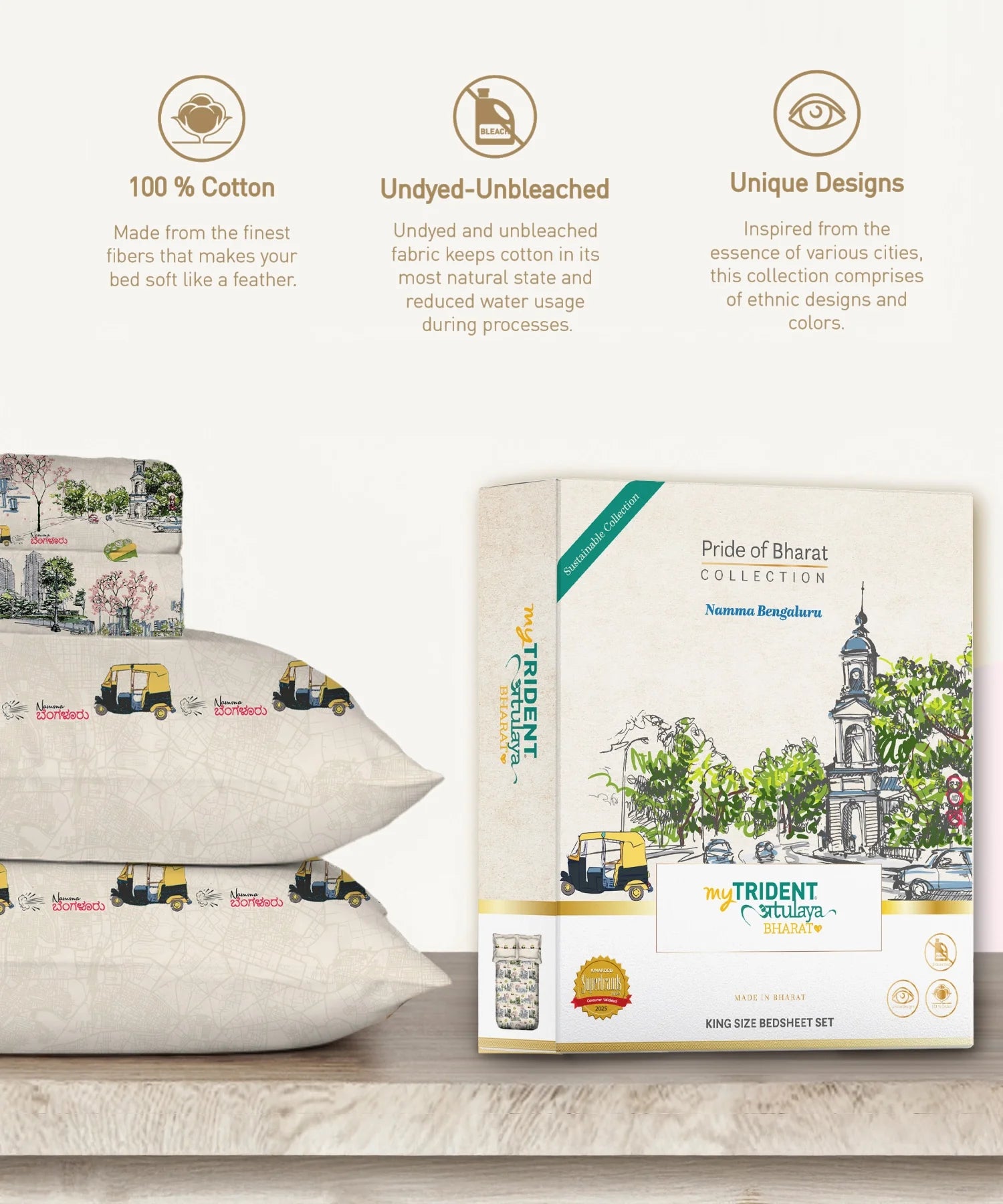 Atulaya Bharat King Bedsheet Set, Namma Bengaluru|144 TC Cotton|2 Pillow Covers
