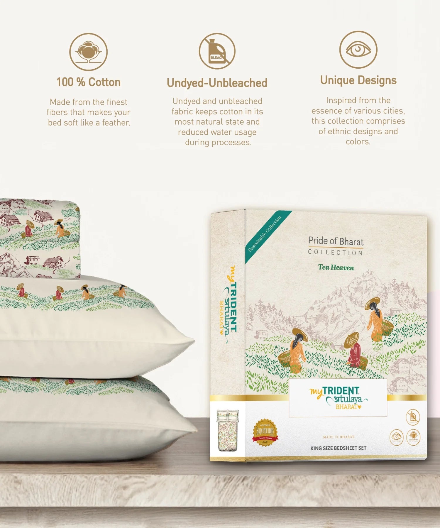 Atulaya Bharat King Bedsheet Set, Tea Heaven|144 TC Cotton|2 Pillow Covers