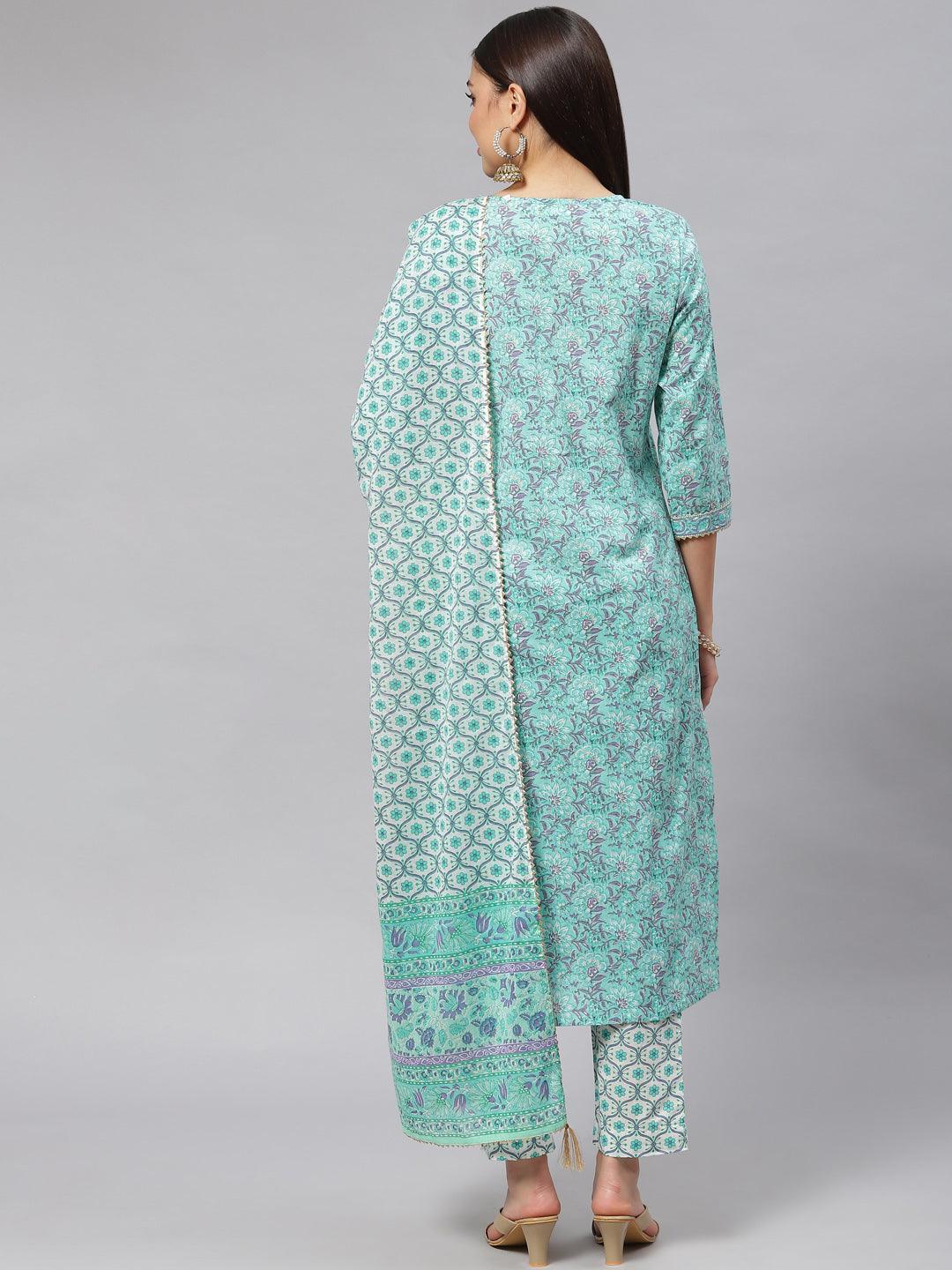 Divena Seagreen Cotton kurta Pant set with Dupatta