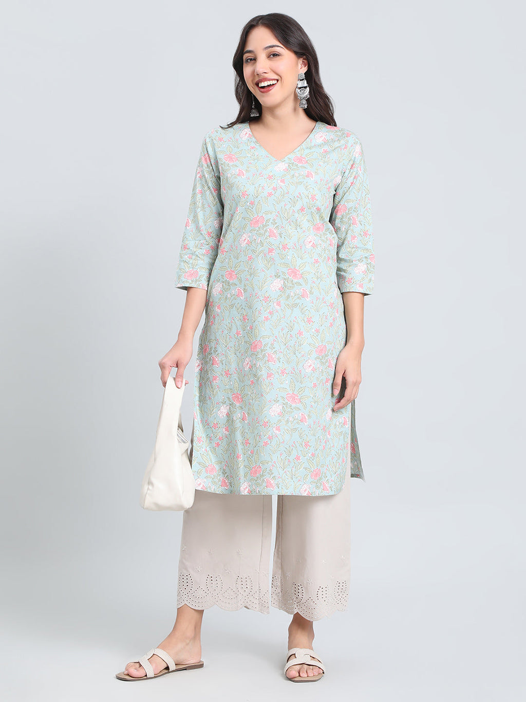 Cotton Floral Block Print Straight Kurta