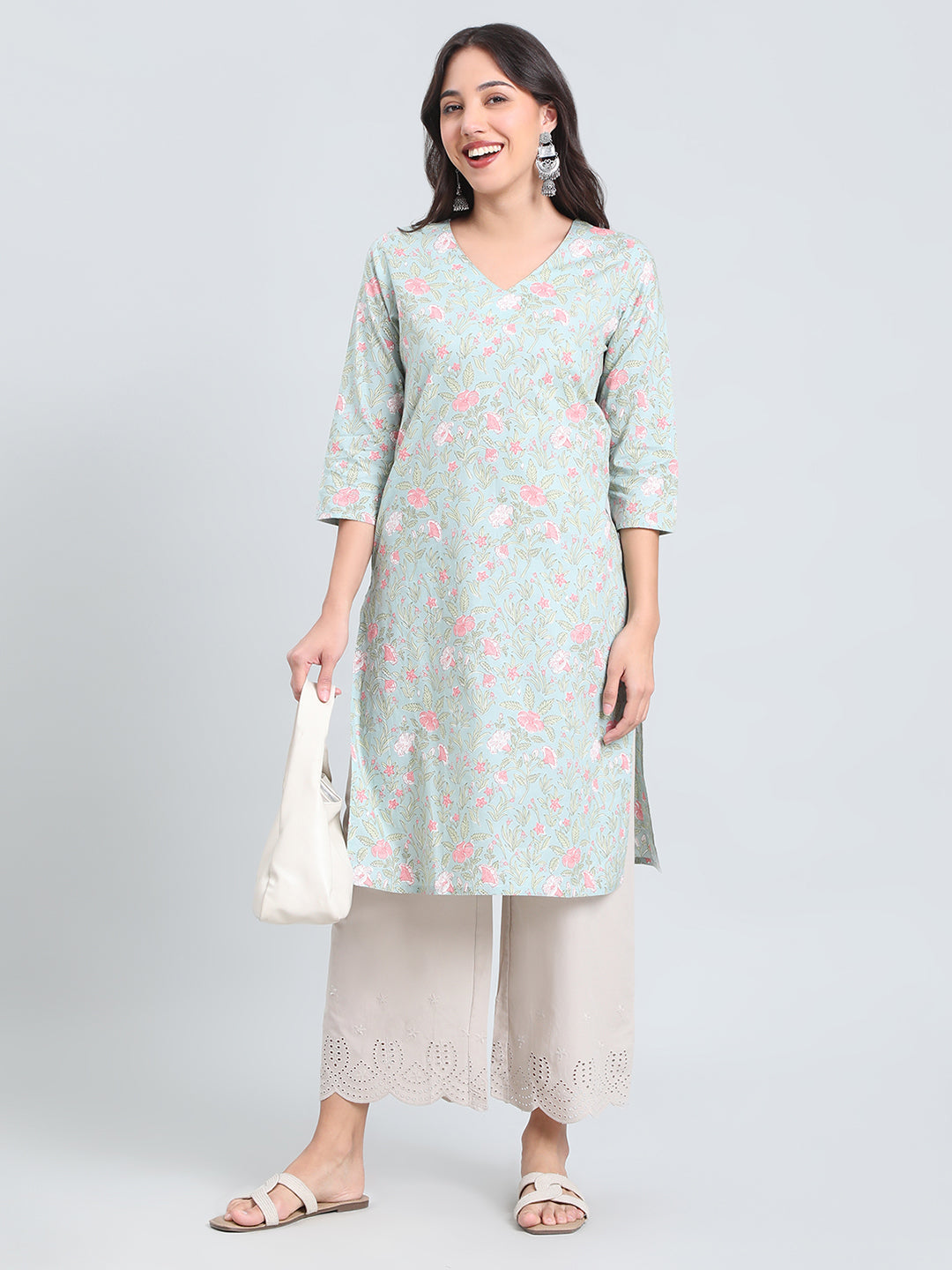 Cotton Floral Block Print Straight Kurta