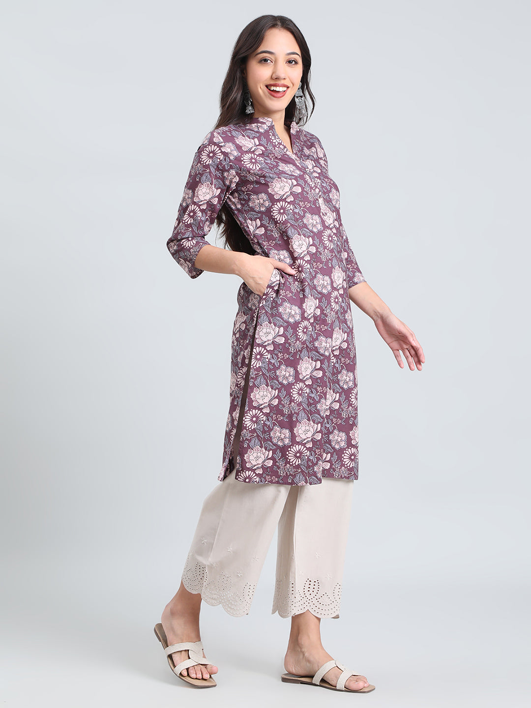 Cotton Floral Block Print Straight Kurta