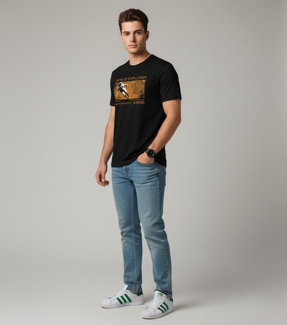 Men Printed Black Cotton Tshirt