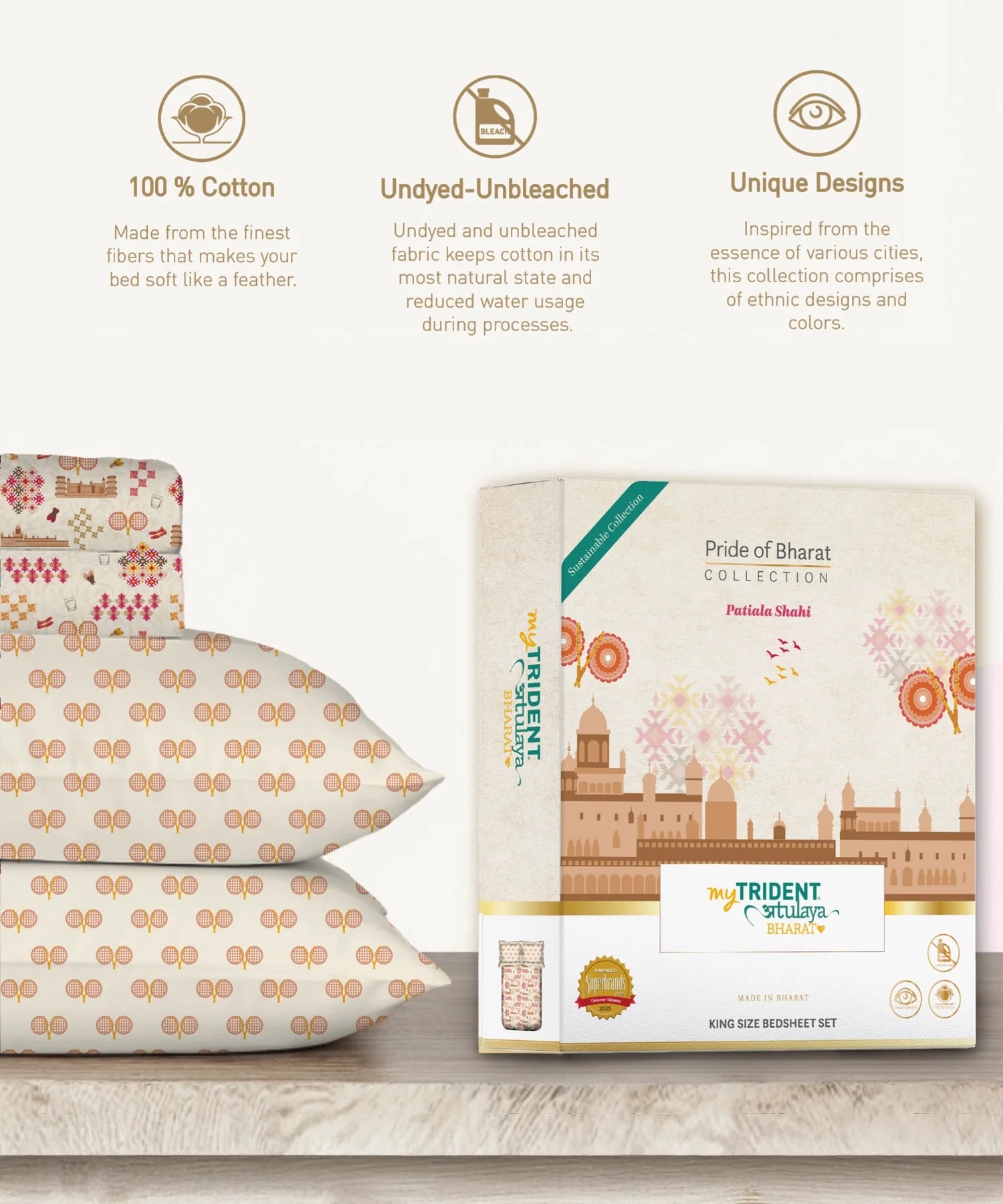 Atulaya Bharat King Bedsheet Set,Patiala Shahi|144 TC Cotton|2 Pillow Covers