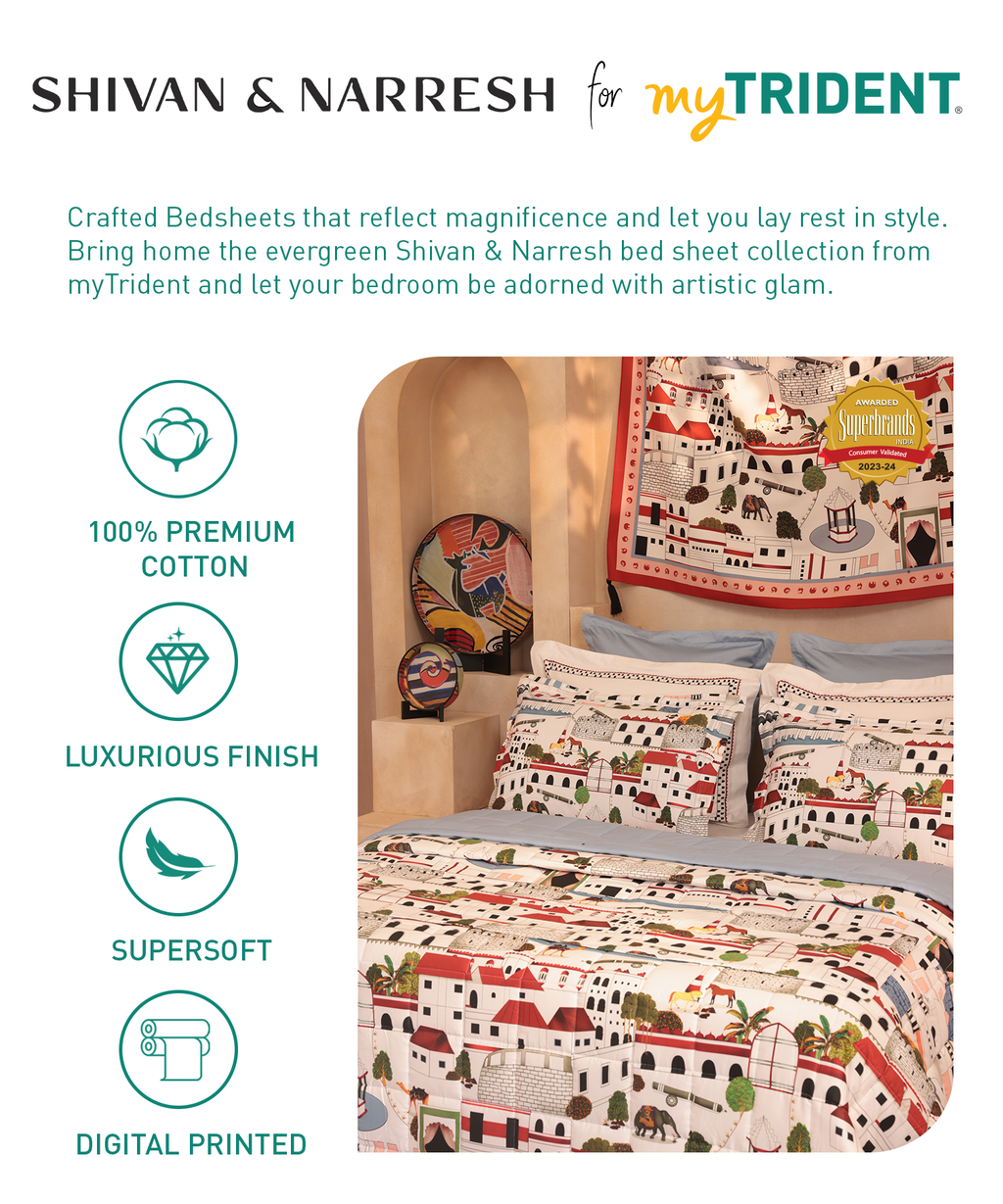 Shivan & Narresh King Bedsheet Set, Jaiscape |400TC Cotton|4 pillow covers