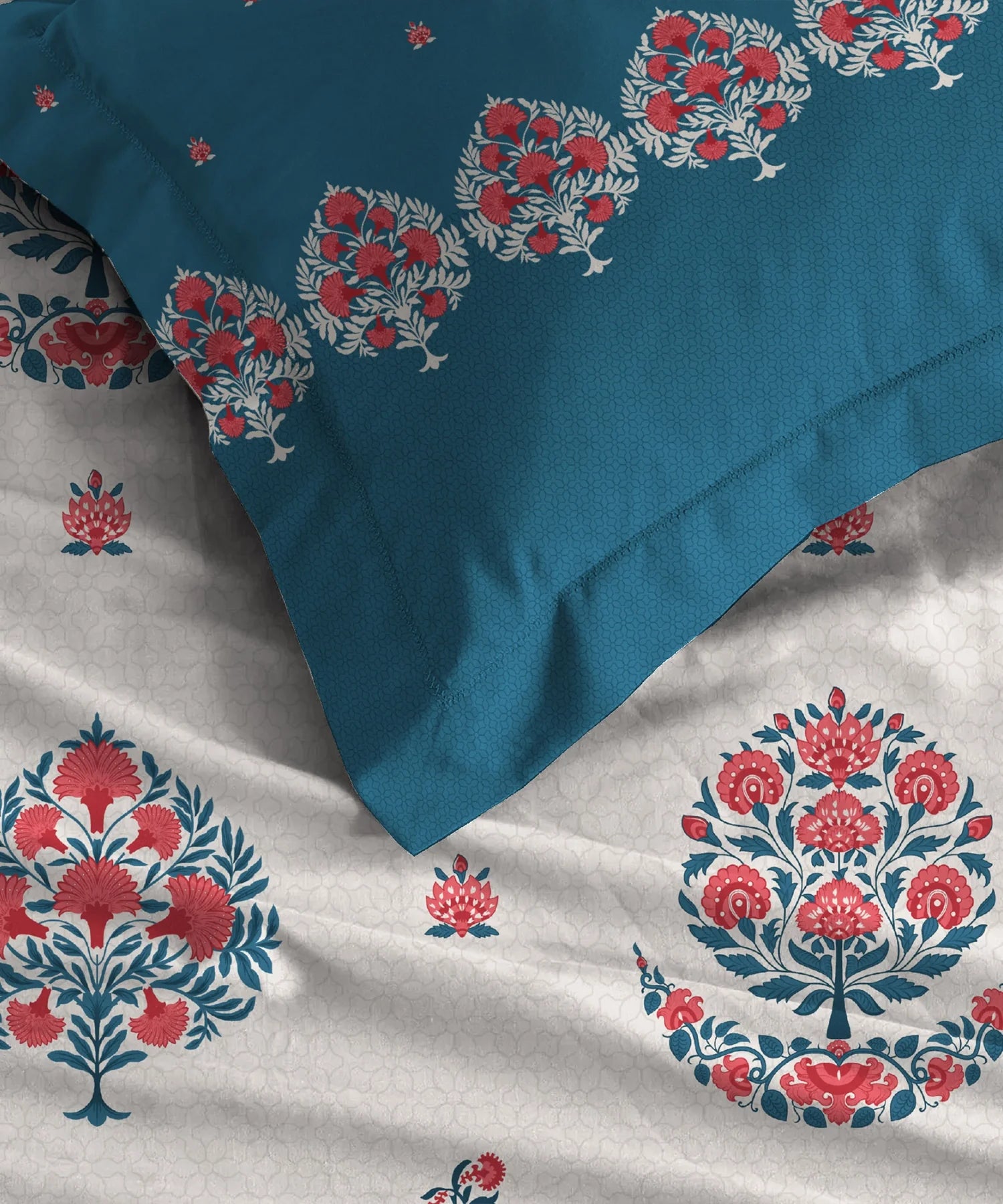 Home Essential Royal Bloom Queen Bedsheet Set, Lindon Blue| 144TC Cotton| 2 Pillow Covers