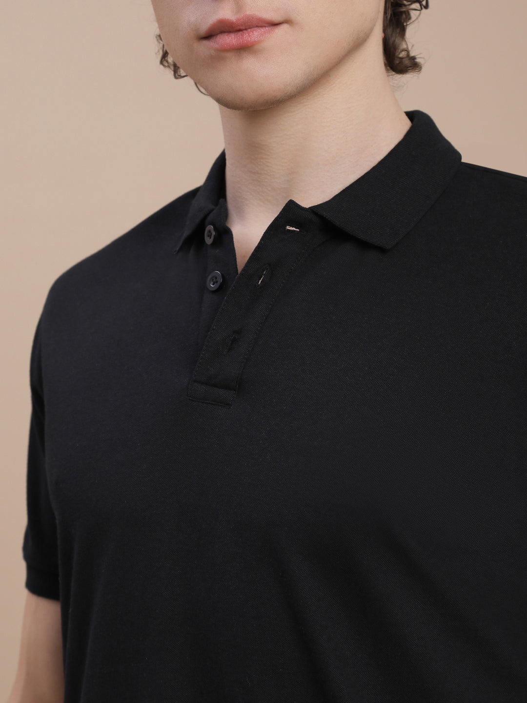 Men Black Johnny Collar T-Shirt