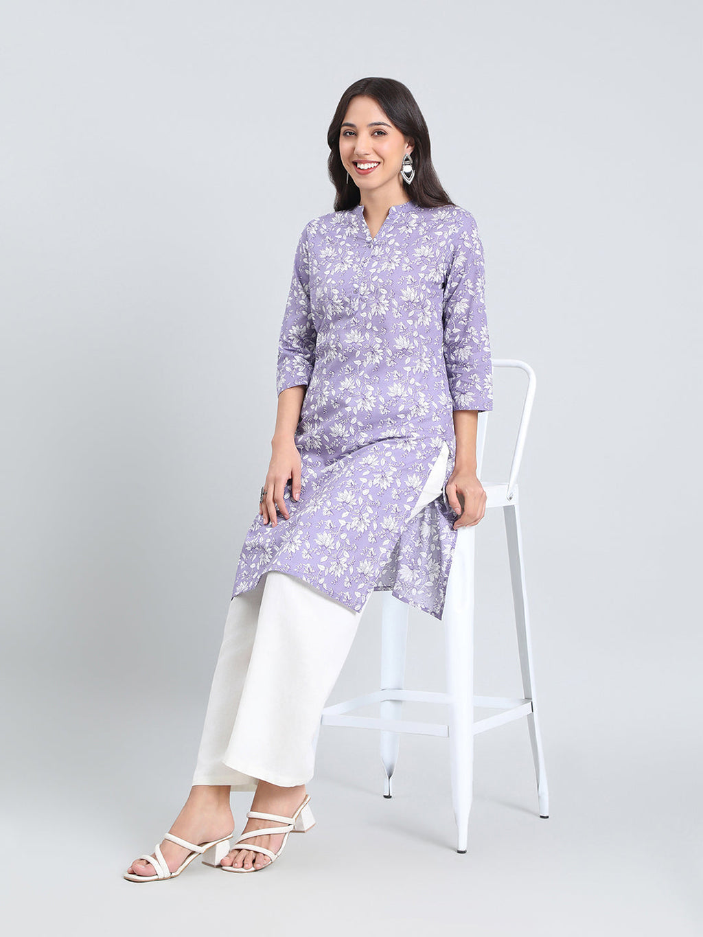 Cotton Floral Block Print Straight Kurta