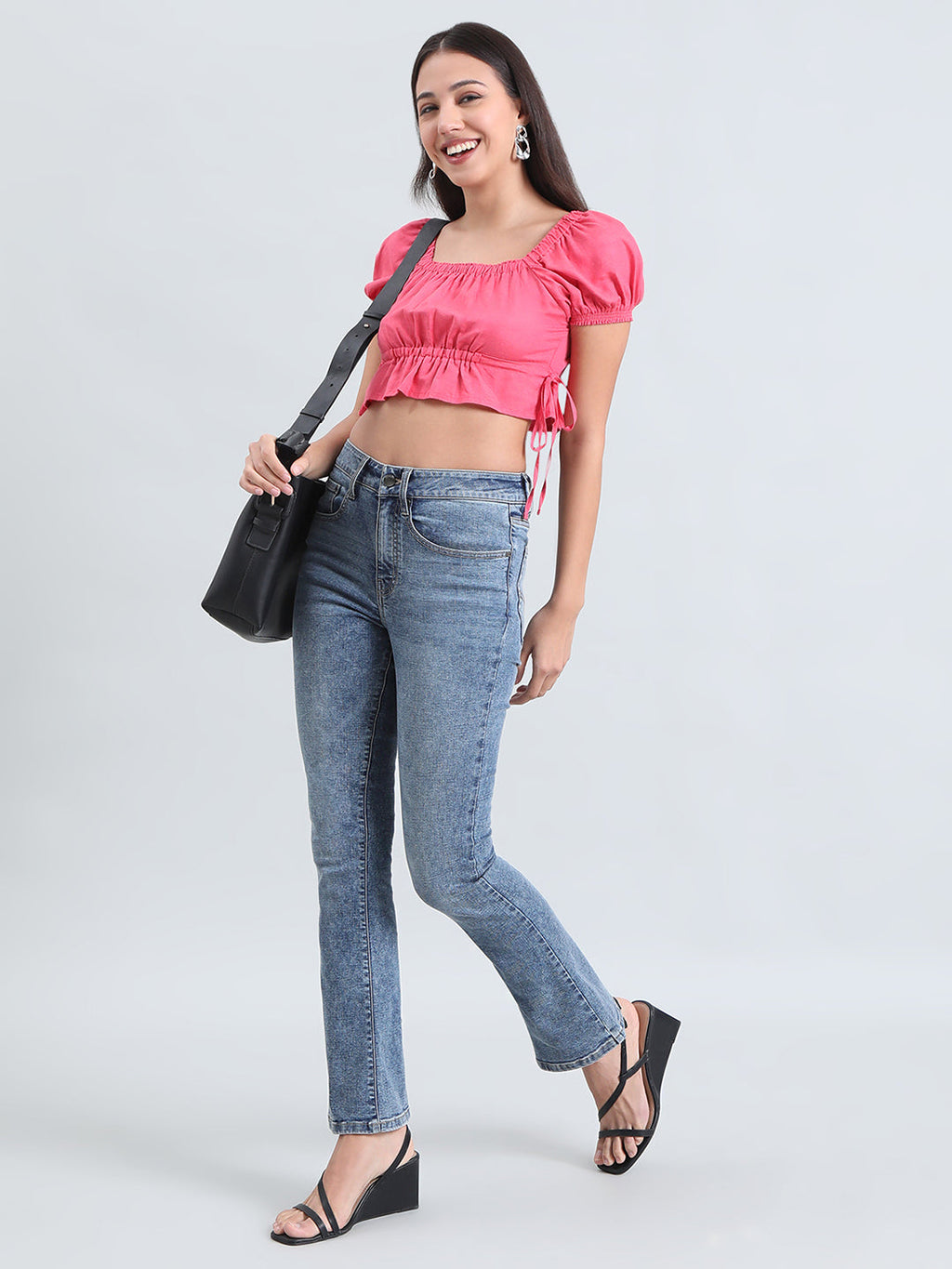 Linen Blend Square Neck Cropped Gathered Blouse