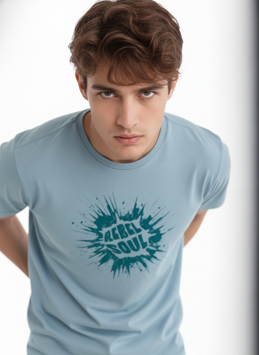 Men Cotton Ice Blue T-Shirt