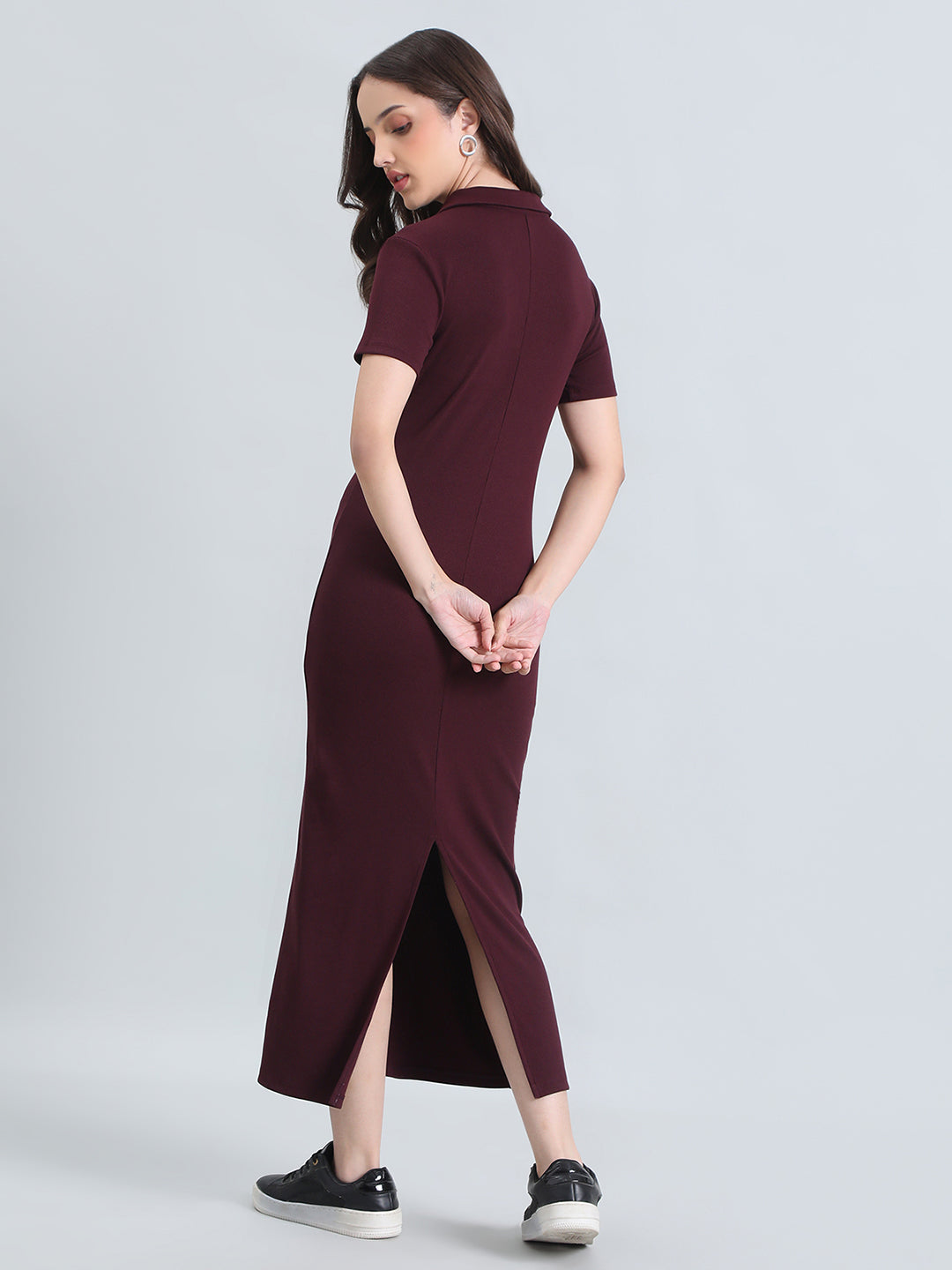 Rib Cotton Slim Fit Polo Neck Long Dress