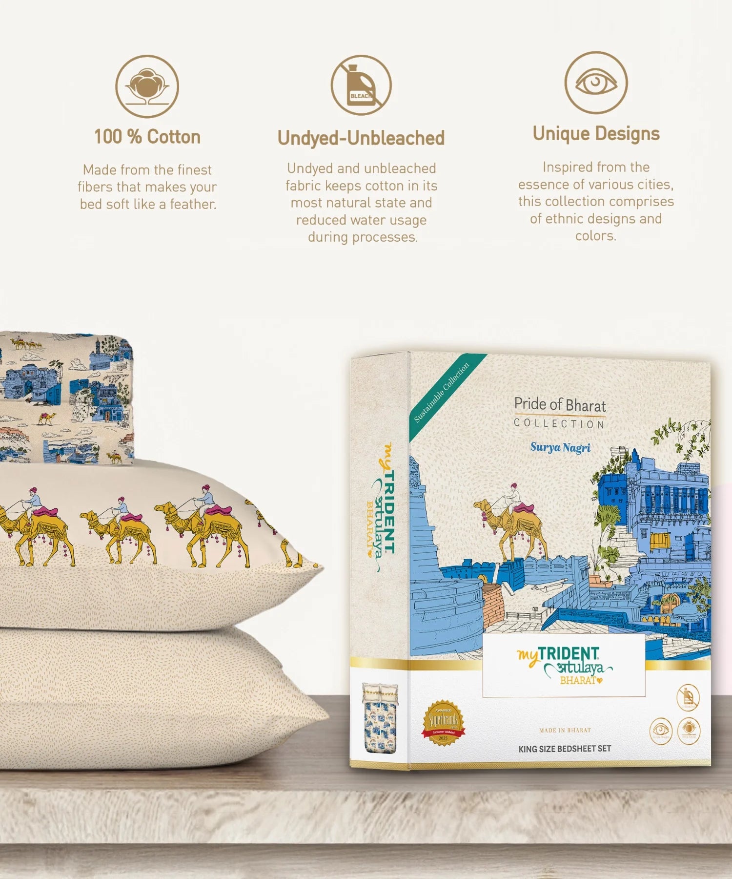 Atulaya Bharat King Bedsheet Set, Surya Nagri|144 TC Cotton|2 Pillow Covers