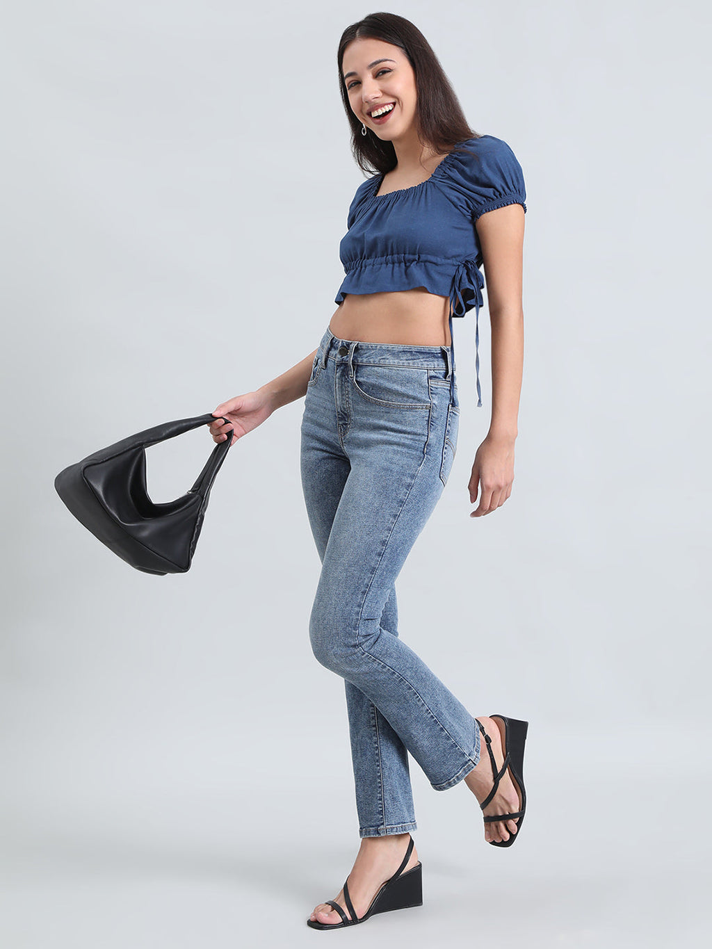 Linen Blend Square Neck Cropped Gathered Blouse