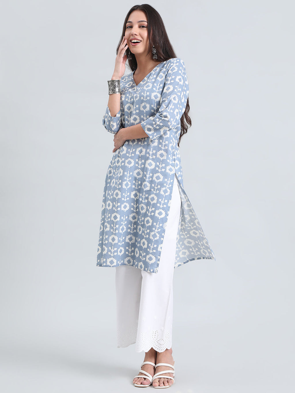 Cotton Ikat Block Print Straight Kurta
