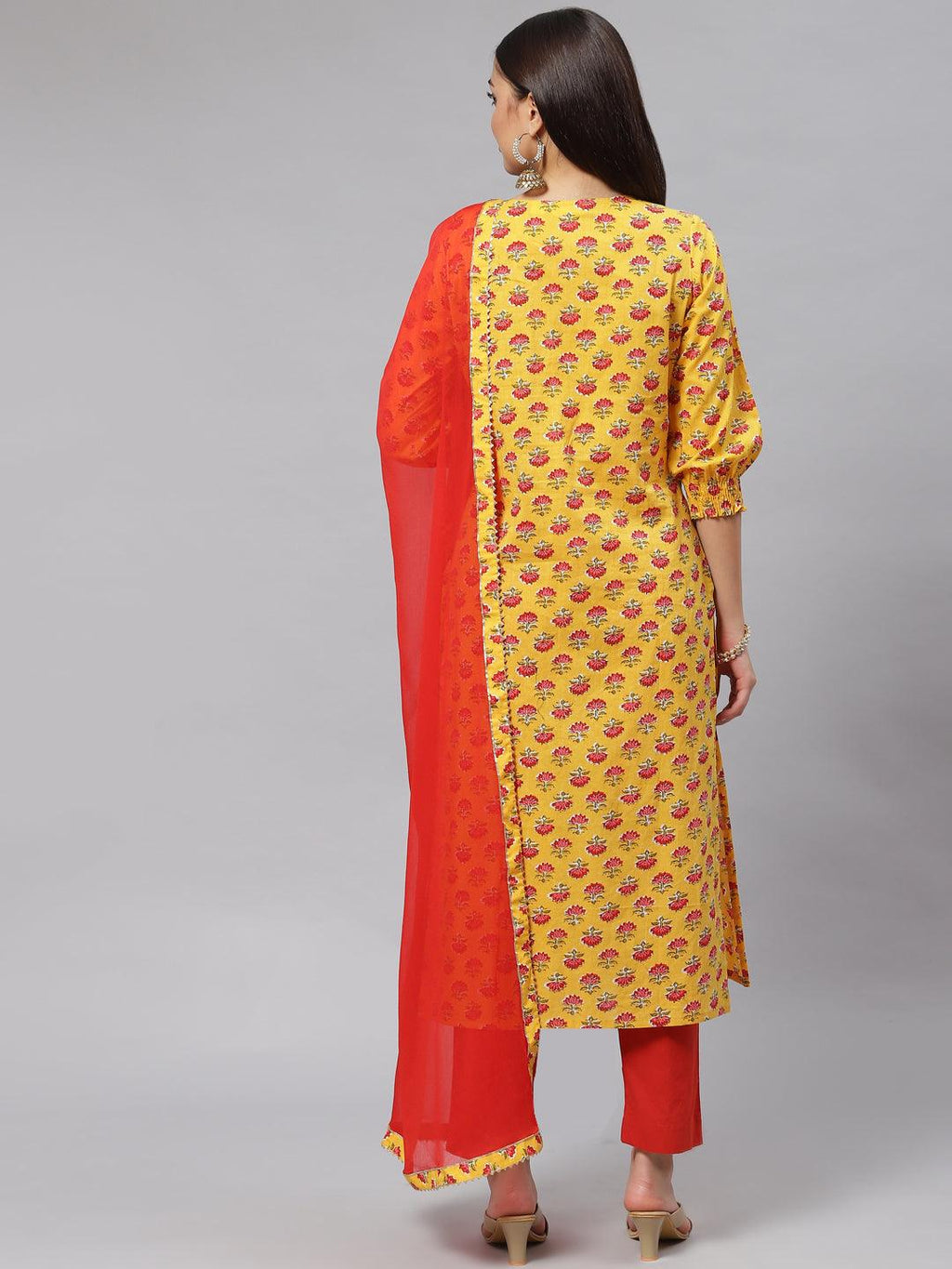 Divena Yellow Floral Cotton Kurta Pant Set with Dupatta