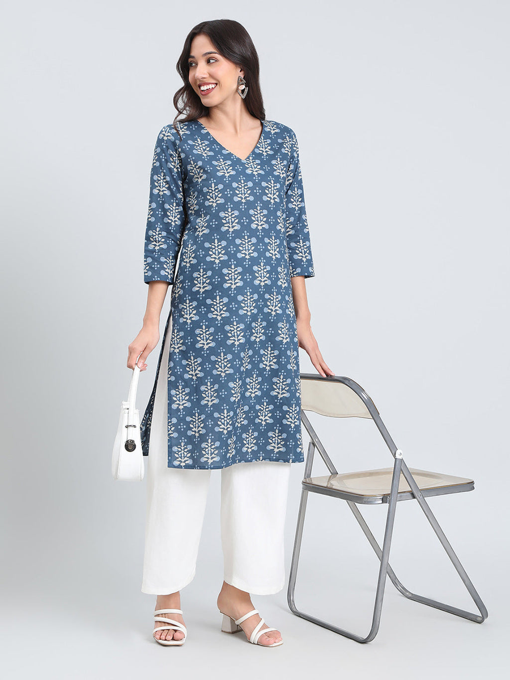 Cotton Floral Block Print Straight Kurta