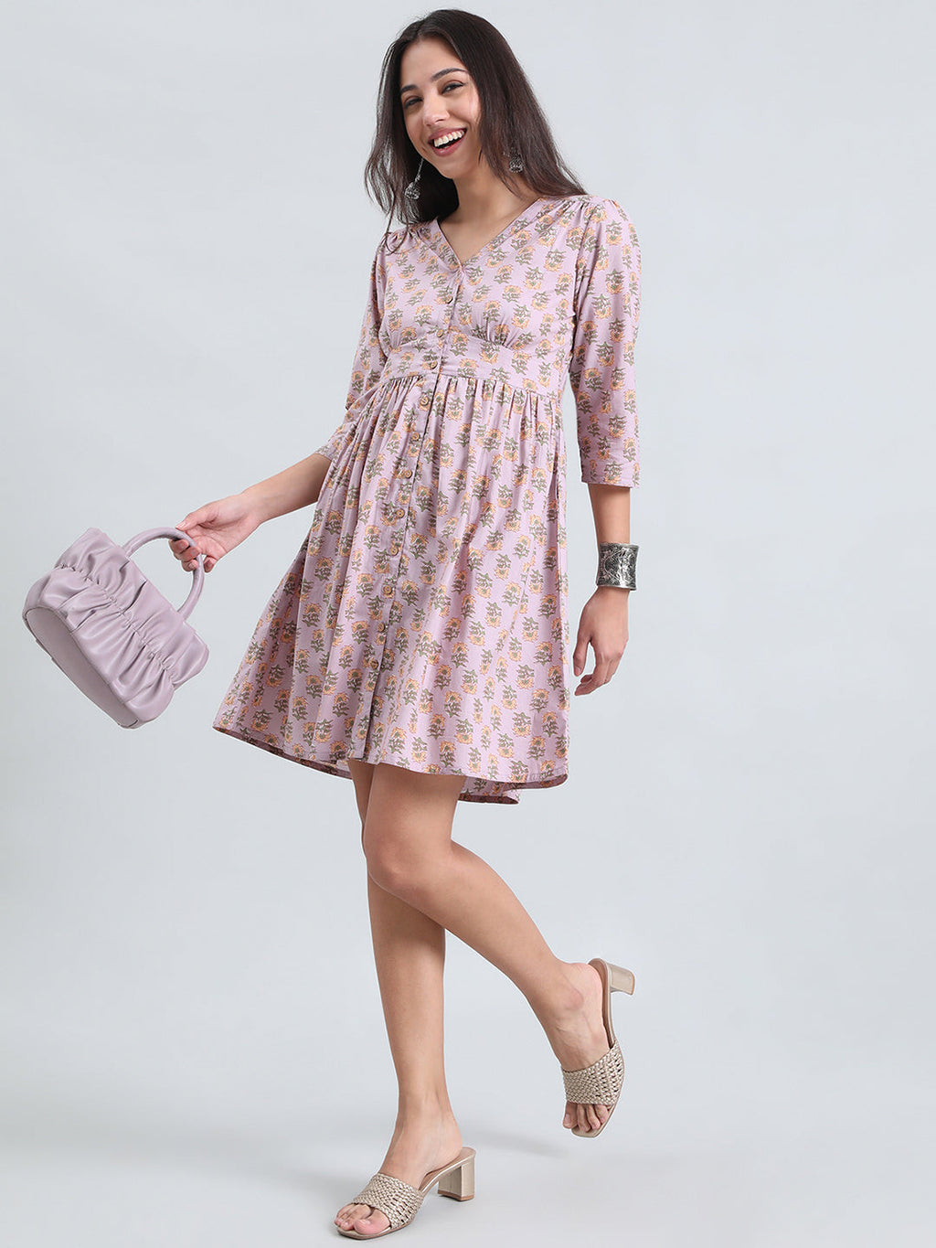 Cotton Sunflower Block Print Short Dress